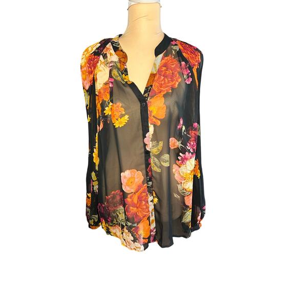 Worthington Tops - Worthington Black floral sheer long bishop sleeve button up blouse Whimsigoth XL